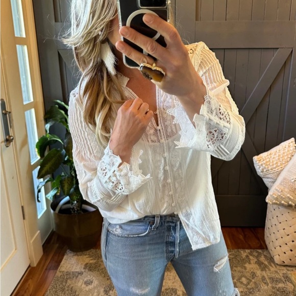 New White Lace Inset 3/4 Sleeve Button Front Blouse Top Women's Top Boho - Picture 4 of 11